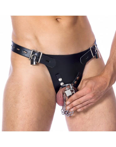 Rimba Bondage Play - Sous-vêtement de chasteté en cuir avec cadenas et cage à pénis - Noir et argent