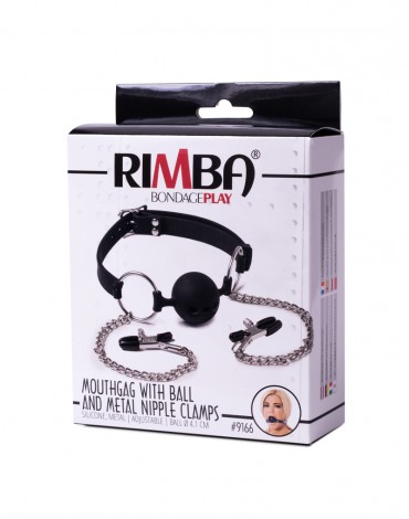 Rimba Latex Play - Bâillon avec boule et pinces à seins - Noir