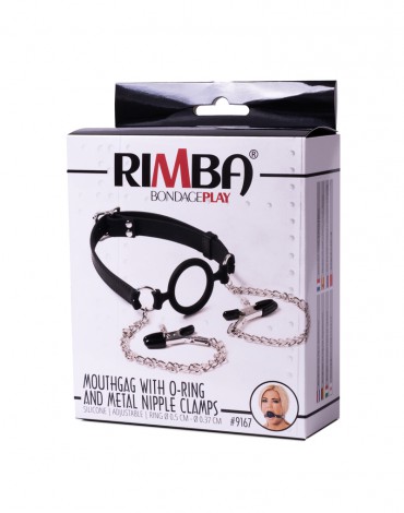 Rimba Latex Play - Mondknevel met O-ring en tepelklemmen - Zwart