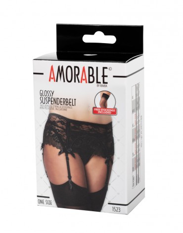 Amorable by Rimba - Suspender Belt with G-string and Stockings - One Size - Black