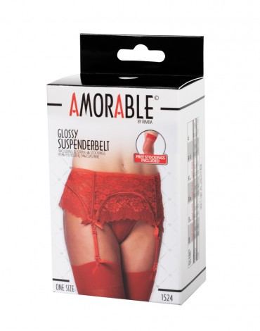 Amorable by Rimba - Suspender Belt with G-string and Stockings - One Size - Red