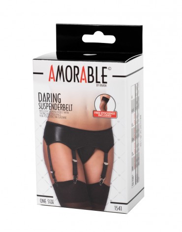 Amorable by Rimba - Wetlook Suspender with Slip and Stockings - One Size - Black