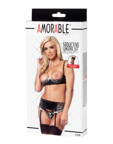 Amorable by Rimba - Open Bra with String, Suspender Belt and Stockings - Black / White