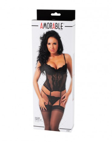Amorable by Rimba - Camisole with G-string and Stockings - Black