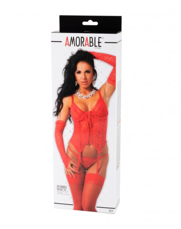 Amorable by Rimba - Corset with G-string, Gloves and Stockings - Red